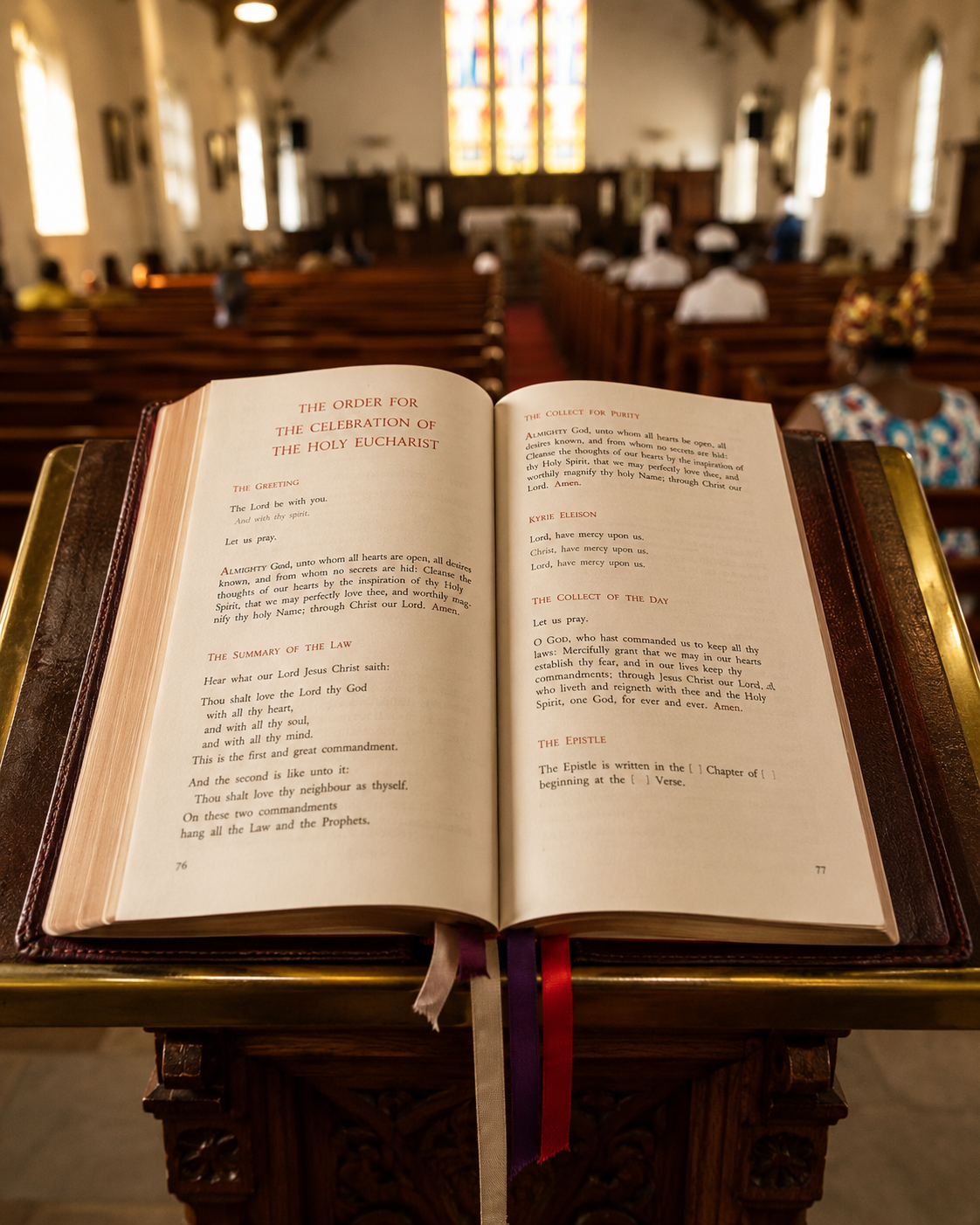 Anglican liturgy book on a lectern in an African church